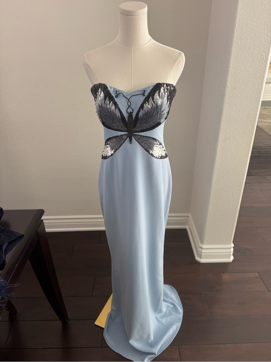 Badgley Mischka Dresses & Skirts - Badgley Mischka Light Blue Strapless Gown with Black & Silver Butterfly Size 6